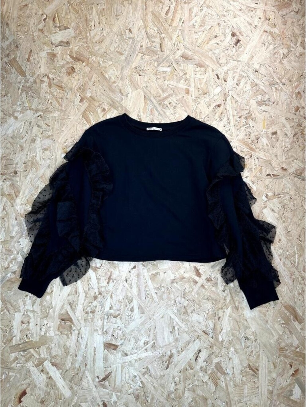 Zara Womens Small Black Cropped Sweatshirt Sheer Polka Dot Ruffle Long Sleeve
